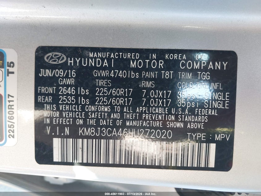 2017 Hyundai Tucson VIN KM8J3CA46HU272020 IAAI salvage auction — NORMAL WEAR, Clear (Massachusetts), sold $2,050 on 2026-07-21 (photo 9)