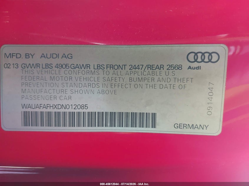 2013 Audi A5 VIN WAUAFAFHXDN012085 IAAI salvage auction — SIDE, Salvage (New Jersey), sold $1,950 on 2026-08-02 (photo 9)