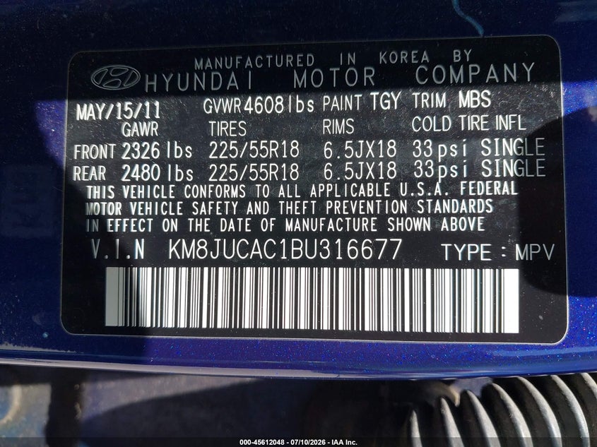 2011 Hyundai Tucson VIN KM8JUCAC1BU316677 IAAI salvage auction — NORMAL WEAR, Original (Maine), sold $700 on 2026-07-27 (photo 9)
