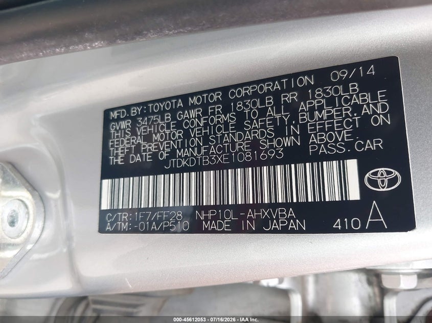 2014 Toyota Prius c VIN JTDKDTB3XE1081693 IAAI salvage auction — LEFT FRONT, Salvage (Connecticut), sold $975 on 2026-08-20 (photo 9)