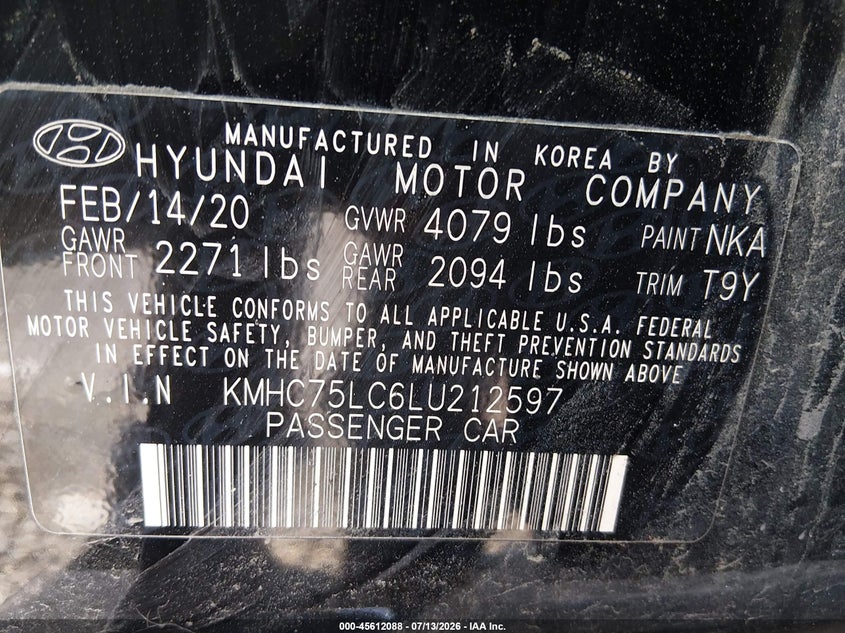 2020 Hyundai Ioniq VIN KMHC75LC6LU212597 IAAI salvage auction — FRONT END, Salvage Title, sold $3,450 on 2026-07-31 (photo 9)