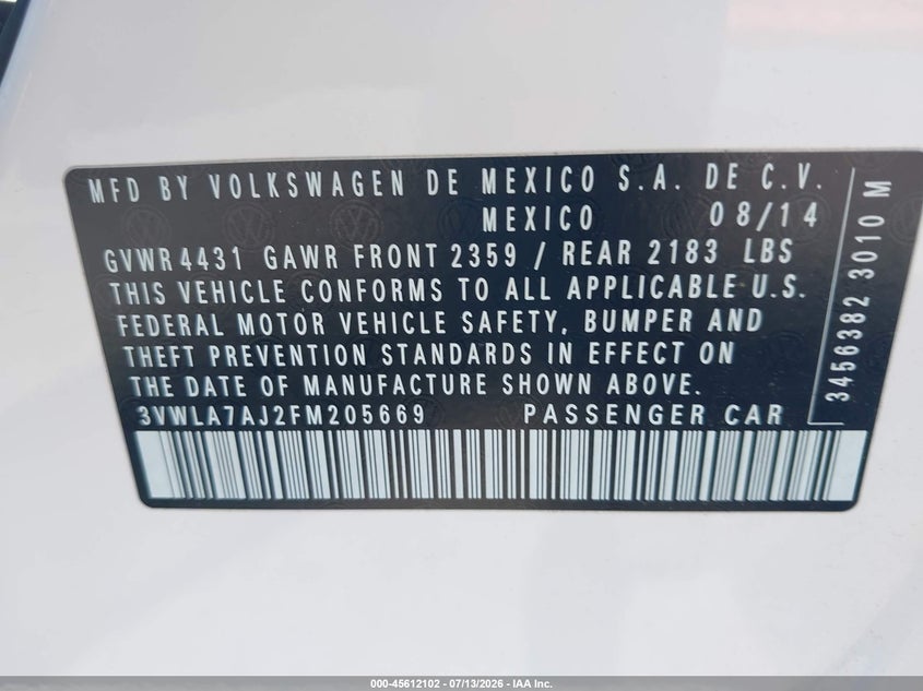 2015 Volkswagen Jetta VIN 3VWLA7AJ2FM205669 IAAI salvage auction — FRONT END, Salvage (Oregon), sold $1,300 on 2026-08-28 (photo 9)