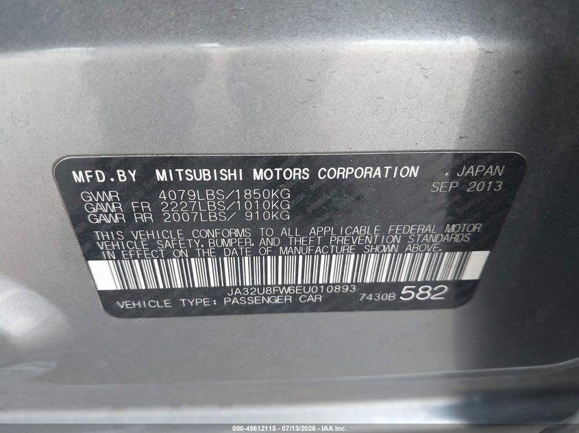2014 Mitsubishi Lancer VIN JA32U8FW6EU010893 IAAI salvage auction — LEFT FRONT, Salvage (California), sold $925 on 2026-08-01 (photo 9)