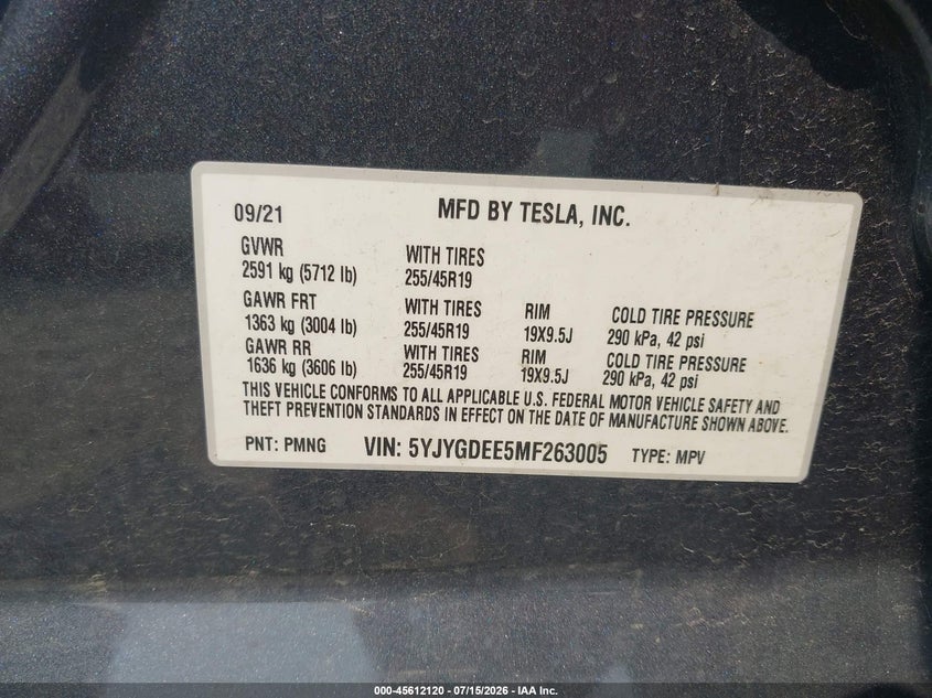 2021 Tesla Model y VIN 5YJYGDEE5MF263005 IAAI salvage auction — REAR END, Salvage Title, sold $12,275 on 2026-08-27 (photo 9)