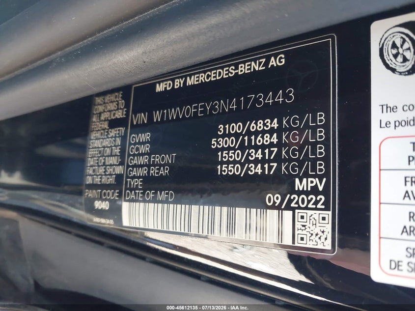2022 Mercedes-benz Metris VIN W1WV0FEY3N4173443 IAAI salvage auction — NORMAL WEAR, Clear (New York), sold $8,100 on 2026-07-21 (photo 9)