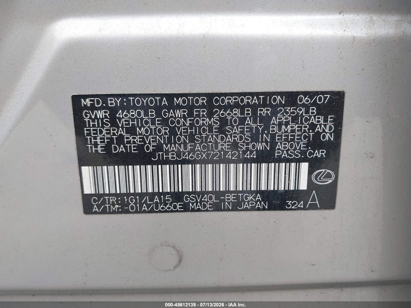 2007 Lexus Es 350 VIN JTHBJ46GX72142144 IAAI salvage auction — NORMAL WEAR, Clear (Massachusetts), sold $25 on 2026-07-21 (photo 9)
