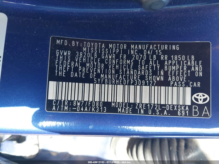 2015 Toyota Corolla VIN 5YFBURHE0FP309127 IAAI salvage auction — REAR END, Rebuildable (Florida), sold $2,150 on 2026-07-22 (photo 9)