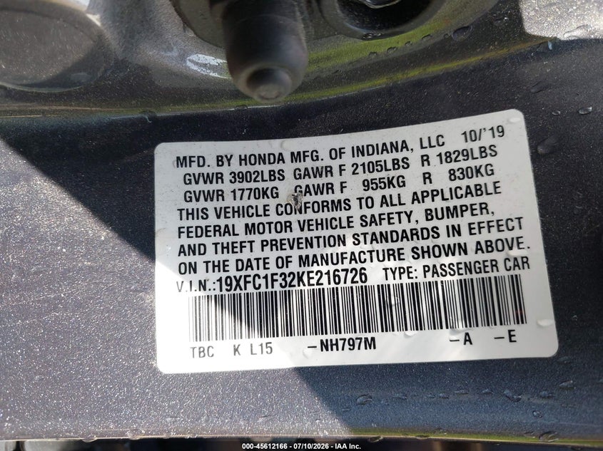 2019 Honda Civic VIN 19XFC1F32KE216726 IAAI salvage auction — REAR END, Salvage Title, sold $6,600 on 2026-08-03 (photo 9)