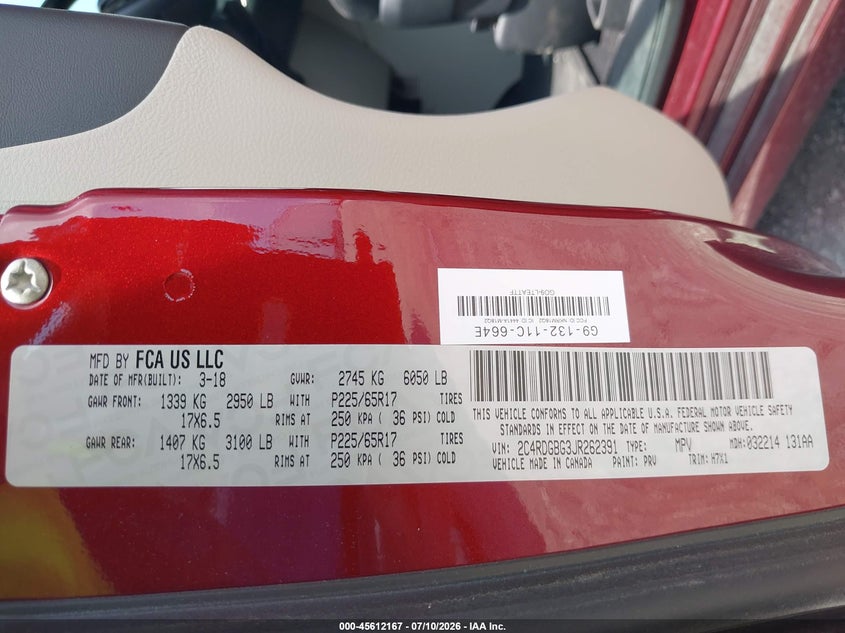 2018 Dodge Caravan VIN 2C4RDGBG3JR262391 IAAI salvage auction — NORMAL WEAR, Sf97 (Indiana), sold $7,300 on 2026-09-15 (photo 9)