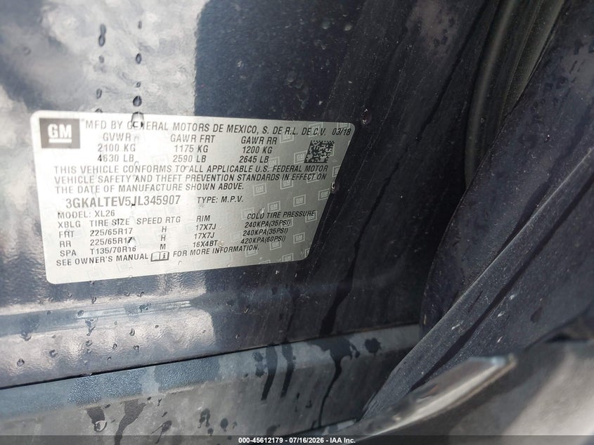 2018 Gmc Terrain VIN 3GKALTEV5JL345907 IAAI salvage auction — NORMAL WEAR, Sf97 (New York), sold $10,925 on 2026-08-20 (photo 9)