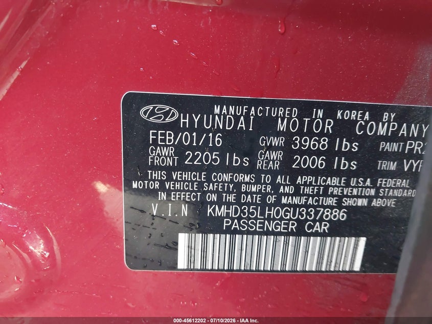 2016 Hyundai Elantra VIN KMHD35LH0GU337886 IAAI salvage auction — NORMAL WEAR, Salvage Title, sold $575 on 2026-07-29 (photo 9)