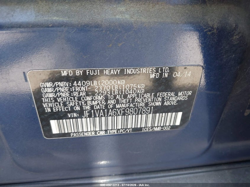 2015 Subaru Wrx VIN JF1VA1A6XF9807891 IAAI salvage auction — RIGHT FRONT, Salvage Title, sold $4,700 on 2026-07-22 (photo 9)