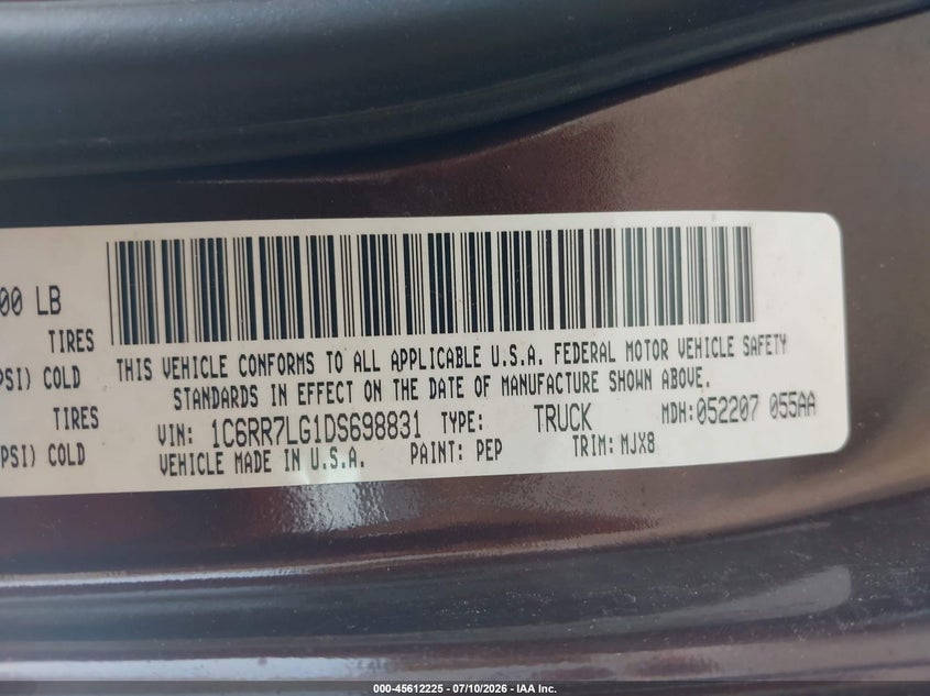 2013 Ram 1500 VIN 1C6RR7LG1DS698831 IAAI salvage auction — ALL OVER, Original (Vermont), sold $750 on 2026-07-18 (photo 9)