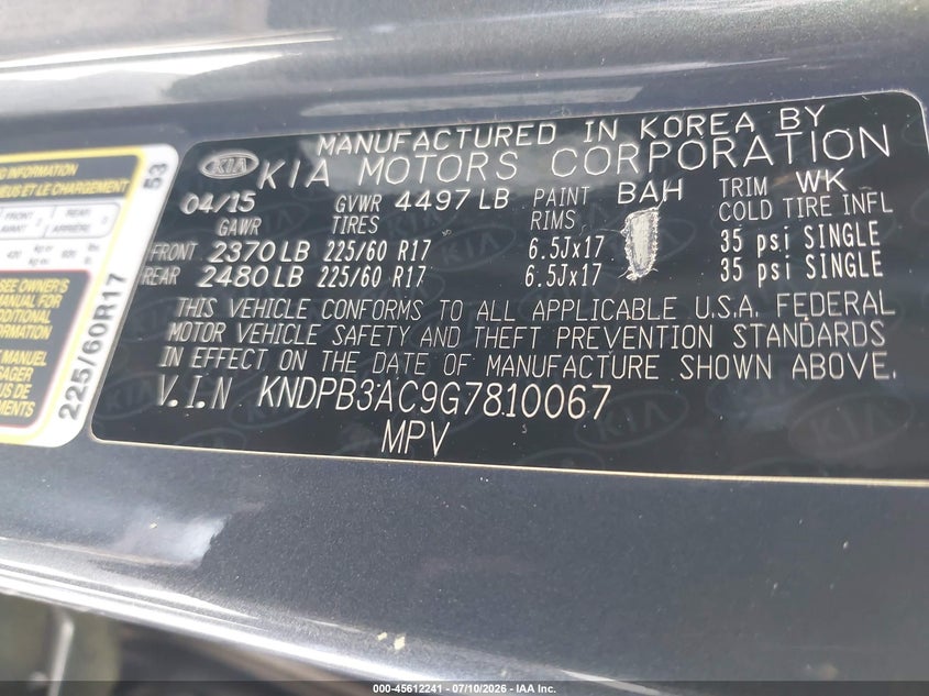 2016 Kia Sportage VIN KNDPB3AC9G7810067 IAAI salvage auction — REAR END, Salvage Title, sold $5,000 on 2026-07-25 (photo 9)