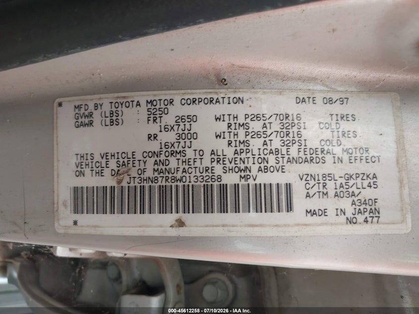 1998 Toyota 4runner VIN JT3HN87R8W0133268 IAAI salvage auction — NORMAL WEAR, Clear (Maryland), sold $800 on 2026-07-29 (photo 9)