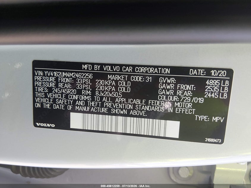 2021 Volvo Xc40 VIN YV4162UM4M2462256 IAAI salvage auction — WATER/FLOOD, Salvage Title, sold $9,400 on 2026-08-10 (photo 9)