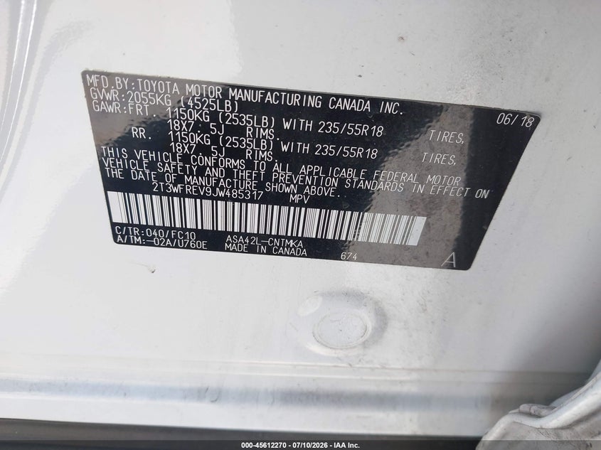 2018 Toyota Rav 4 VIN 2T3WFREV9JW485317 IAAI salvage auction — FRONT END, Wait Title, sold $7,200 on 2026-08-15 (photo 9)