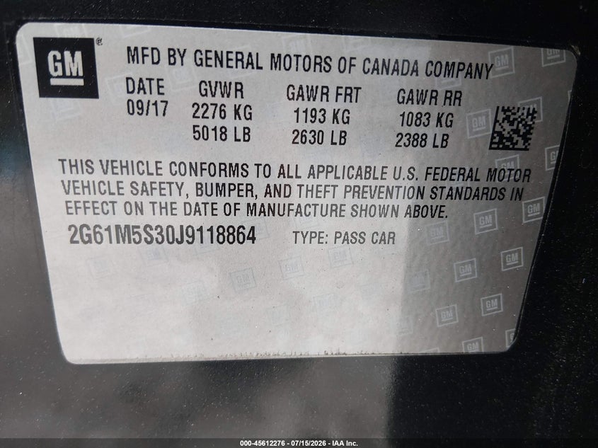 2018 Cadillac Xts VIN 2G61M5S30J9118864 IAAI salvage auction — FRONT END, Salvage (South Carolina), sold $3,400 on 2026-09-08 (photo 9)
