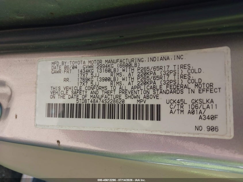 2004 Toyota Sequoia VIN 5TDBT48A74S228620 IAAI salvage auction — FRONT END, Salvage - Greater Than 75% (Maryland), sold $625 on 2026-07-28 (photo 9)