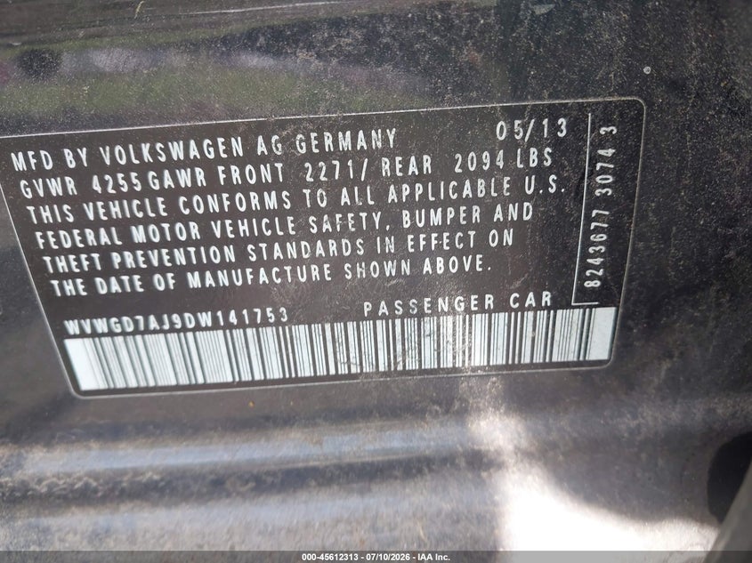 2013 Volkswagen Gti VIN WVWGD7AJ9DW141753 IAAI salvage auction — NORMAL WEAR, Salvage Title, sold $2,075 on 2026-07-16 (photo 9)