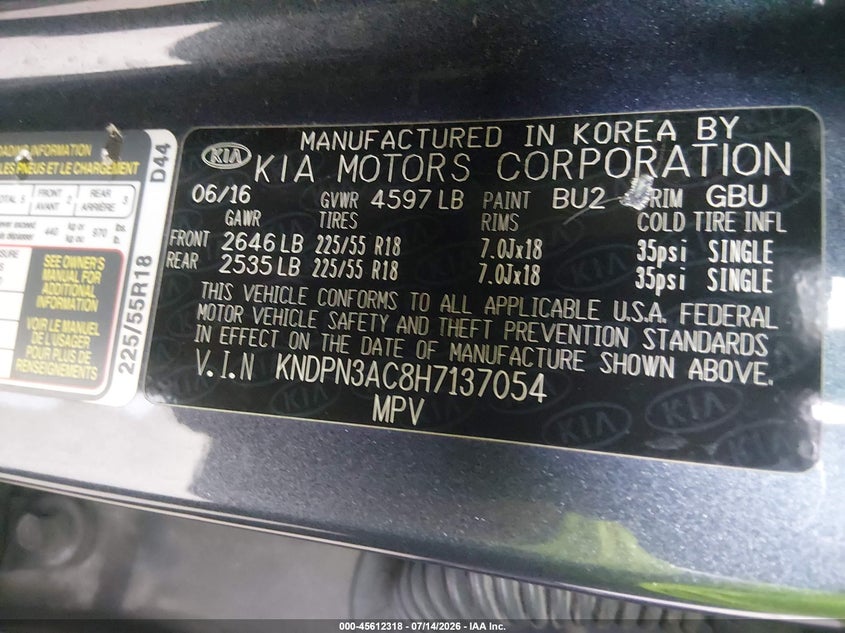 2017 Kia Sportage VIN KNDPN3AC8H7137054 IAAI salvage auction — NORMAL WEAR, Original (Texas), sold $3,450 on 2026-07-17 (photo 9)