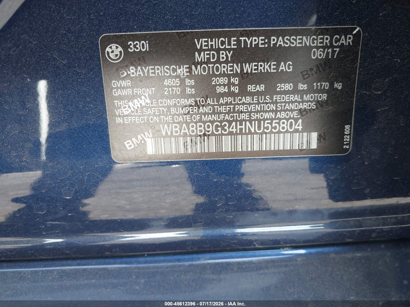2017 BMW 3er VIN WBA8B9G34HNU55804 IAAI salvage auction — FRONT END, Salvage Title, sold $3,000 on 2026-08-14 (photo 9)