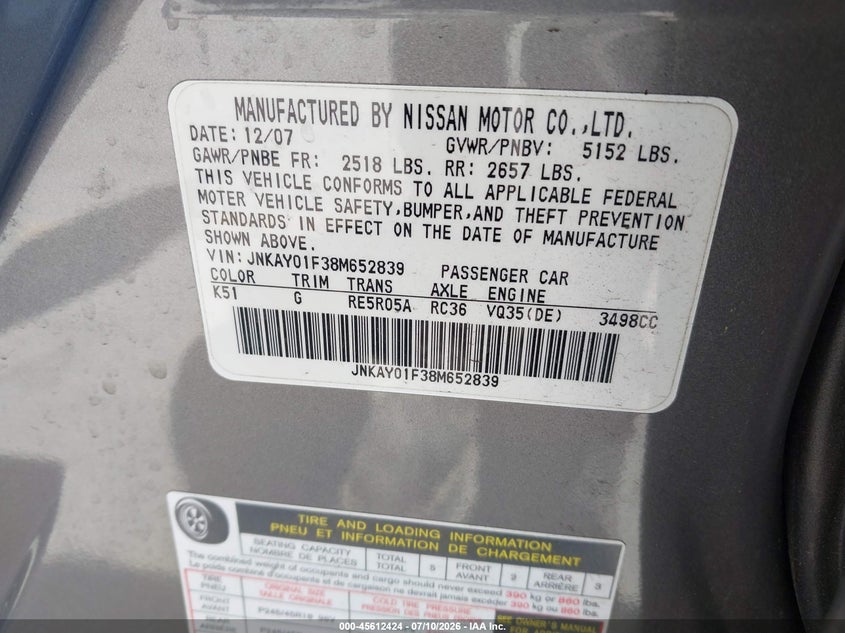 2008 Infiniti M35 VIN JNKAY01F38M652839 IAAI salvage auction — NORMAL WEAR, Clear - Dealer Only (California), sold $425 on 2026-07-20 (photo 9)
