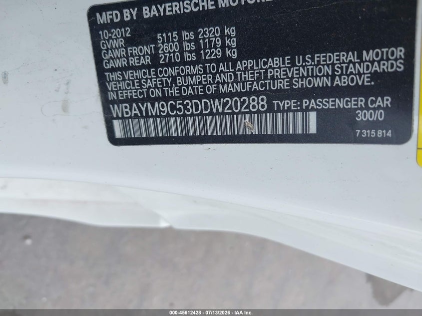 2013 BMW 6er VIN WBAYM9C53DDW20288 IAAI salvage auction — NORMAL WEAR, Original (Texas), sold $3,375 on 2026-07-26 (photo 9)