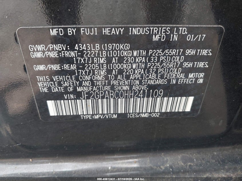 2017 Subaru Xv VIN JF2GPABC0HH241109 IAAI salvage auction — NORMAL WEAR, Salvage Title, sold $2,725 on 2026-07-28 (photo 9)