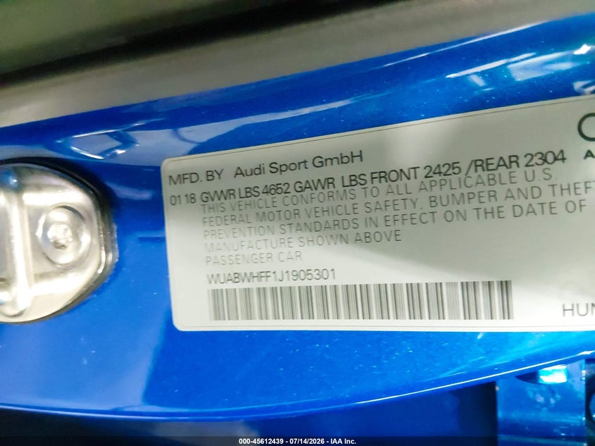 2018 Audi Rs3 VIN WUABWHFF1J1905301 IAAI salvage auction — WATER/FLOOD, Salvage (Idaho), sold $16,150 on 2026-08-07 (photo 9)