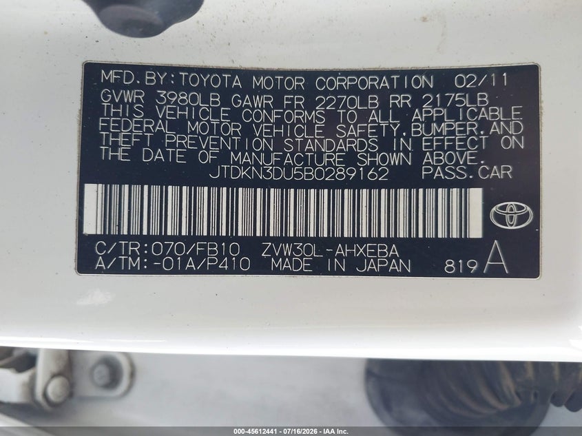 2011 Toyota Prius VIN JTDKN3DU5B0289162 IAAI salvage auction — NORMAL WEAR, Clear - Dealer Only (California), sold $2,550 on 2026-07-22 (photo 9)