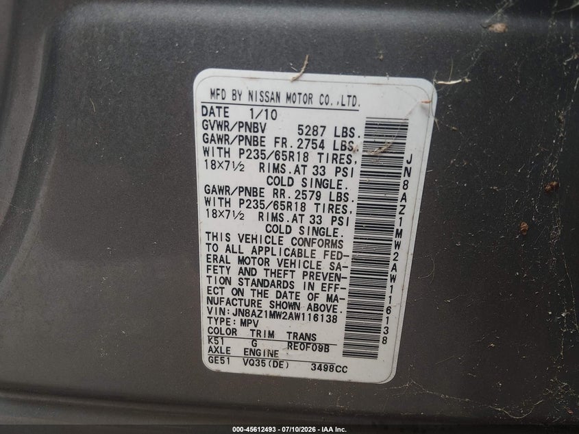 2010 Nissan Murano VIN JN8AZ1MW2AW116138 IAAI salvage auction — NORMAL WEAR, Clear (Pennsylvania), sold $300 on 2026-07-29 (photo 9)