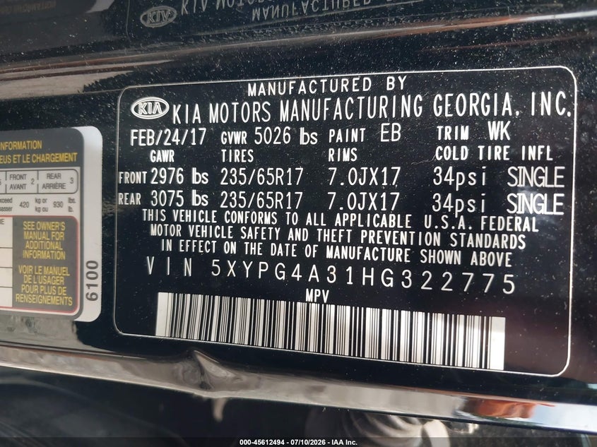 2017 Kia Sorento VIN 5XYPG4A31HG322775 IAAI salvage auction — NORMAL WEAR, Salvage Title, sold $2,200 on 2026-07-24 (photo 9)