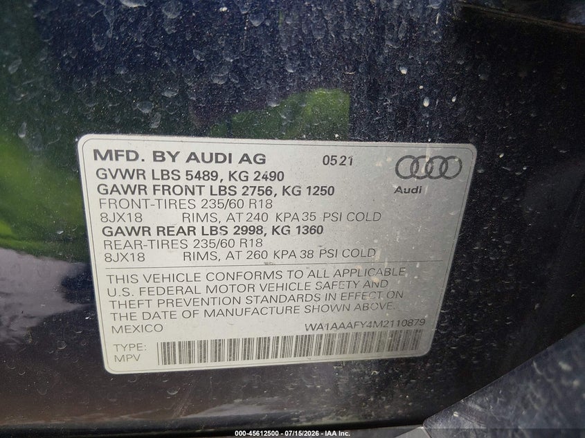 2021 Audi Q5 VIN WA1AAAFY4M2110879 IAAI salvage auction — FRONT END, Salvage (Texas), sold $9,900 on 2026-07-29 (photo 9)