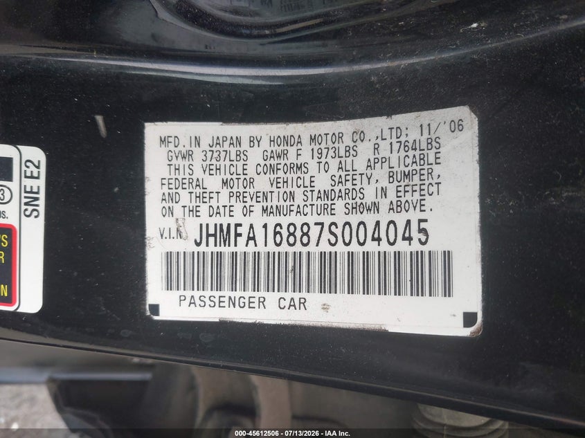 2007 Honda Civic VIN JHMFA16887S004045 IAAI salvage auction — RIGHT FRONT, Salvage (California), sold $750 on 2026-07-30 (photo 9)