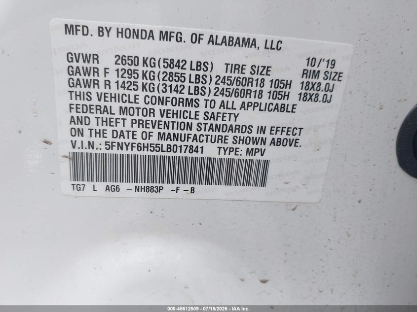 2020 Honda Pilot VIN 5FNYF6H55LB017841 IAAI salvage auction — FRONT END, Salvage (Pennsylvania), sold $5,400 on 2026-07-19 (photo 9)