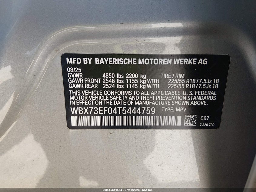 2026 BMW X1 VIN WBX73EF04T5444759 IAAI salvage auction — RIGHT FRONT, Salvage Title, sold $12,600 on 2026-07-19 (photo 9)