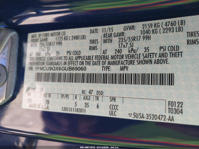 2016 Ford Escape VIN 1FMCU9GX6GUB69060 IAAI salvage auction — NORMAL WEAR, Salvage Title, sold $675 on 2026-08-01 (photo 9)