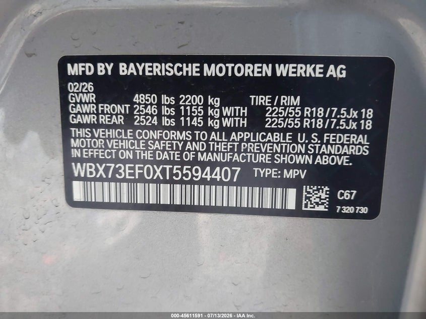 2026 BMW X1 VIN WBX73EF0XT5594407 IAAI salvage auction — FRONT END, Salvage Title, sold $16,100 on 2026-07-19 (photo 9)