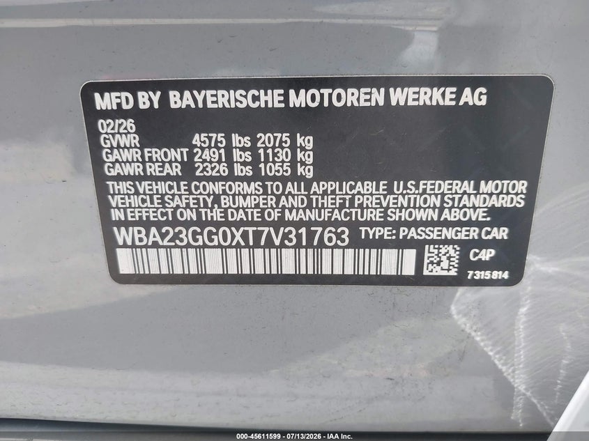 2026 BMW 2er VIN WBA23GG0XT7V31763 IAAI salvage auction — REAR END, Certificate Of Destruction (Florida), sold $11,500 on 2026-08-01 (photo 9)