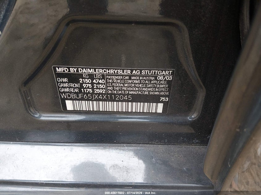 2004 Mercedes-benz E-class VIN WDBUF65JX4X112045 IAAI salvage auction — FRONT END, Salvage (Georgia), sold $400 on 2026-08-13 (photo 9)