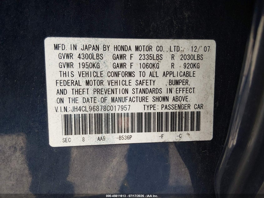 2008 Acura Tsx VIN JH4CL96878C017957 IAAI salvage auction — FRONT END, Clear (Massachusetts), sold $25 on 2026-07-29 (photo 9)