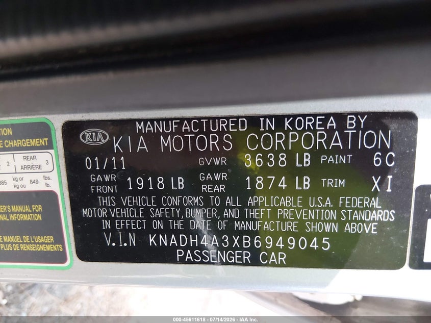2011 Kia Rio VIN KNADH4A3XB6949045 IAAI salvage auction — NORMAL WEAR, Clear (Virginia), sold $25 on 2026-07-21 (photo 9)