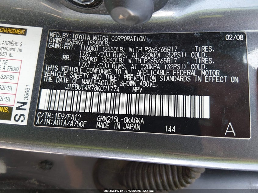 2008 Toyota 4runner VIN JTEBU14R78K021774 IAAI salvage auction — NORMAL WEAR, Clear (Massachusetts), sold $1,900 on 2026-07-28 (photo 9)