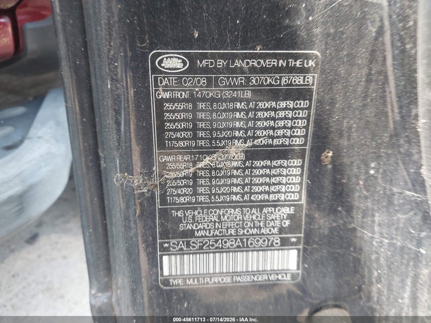 2008 Land rover Range rover sport VIN SALSF25498A169978 IAAI salvage auction — RIGHT REAR, Salvage (Ohio), sold $25 on 2026-07-28 (photo 9)