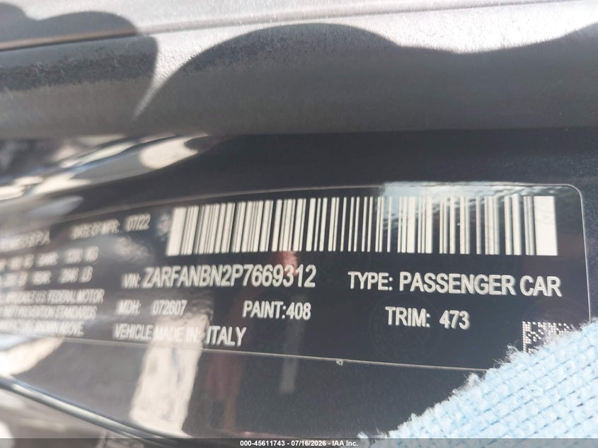 2023 Alfa romeo Giulia VIN ZARFANBN2P7669312 IAAI salvage auction — FRONT END, Salvage (Kentucky), sold $6,800 on 2026-08-26 (photo 9)