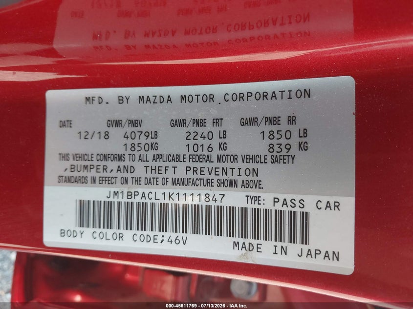 2019 Mazda 3 VIN JM1BPACL1K1111847 IAAI salvage auction — REAR END, Salvage (Ohio), sold $1,800 on 2026-07-27 (photo 9)