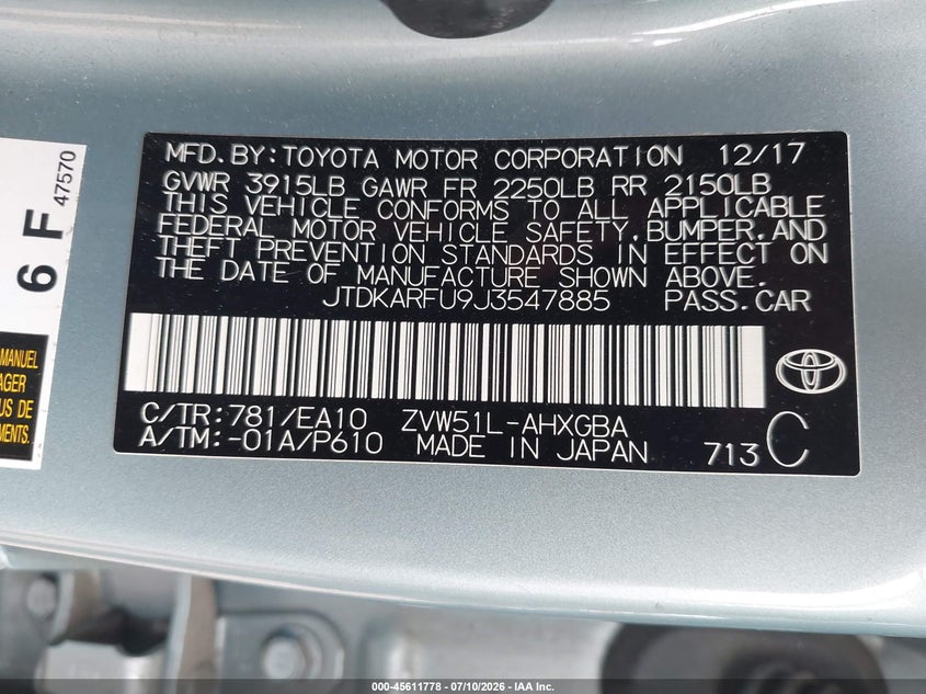 2018 Toyota Prius VIN JTDKARFU9J3547885 IAAI salvage auction — NORMAL WEAR, Salvage Title, sold $10,800 on 2026-07-21 (photo 9)