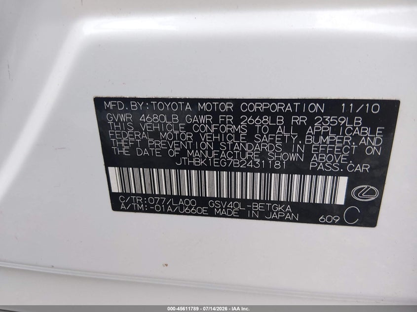 2011 Lexus ES VIN JTHBK1EG7B2431181 IAAI salvage auction — LEFT FRONT, Salvage (Louisiana), sold $2,700 on 2026-08-01 (photo 9)