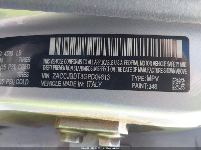 2016 Jeep Renegade VIN ZACCJBDT8GPD04613 IAAI salvage auction — LEFT FRONT, Mv-907A (New York), sold $1,700 on 2026-08-20 (photo 9)